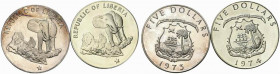 Liberia. Lotto di 2 monete. 5 Dollari 1973 (Ag) e 1974 Elefante KM. 29 SPL+