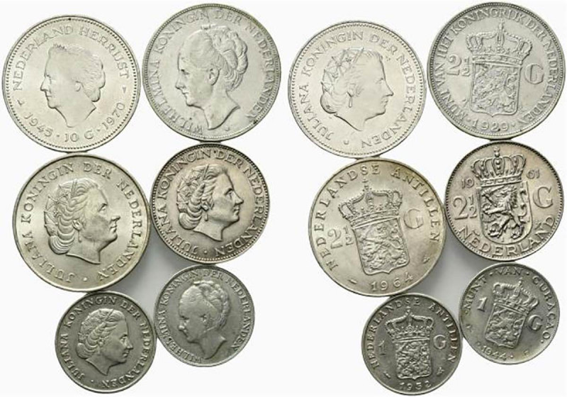 Olanda. Lotto di 6 monete 2 e ½ Gulden 1929, 1961, 1964, 1970, Gulden 1944, 1952...