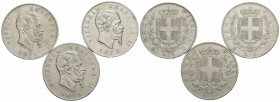Savoia - Vittorio Emanuele II Re d'Italia (1861-1878) - - 5 lire 1871 M, 1876 e 1877 R - Lotto di tre monete - MB÷qSPL