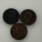 SAVOIA. Vittorio Emanuele II. Lotto di 3 monete da 5 centesimi (incluso 1861 Bologna - R2). MB