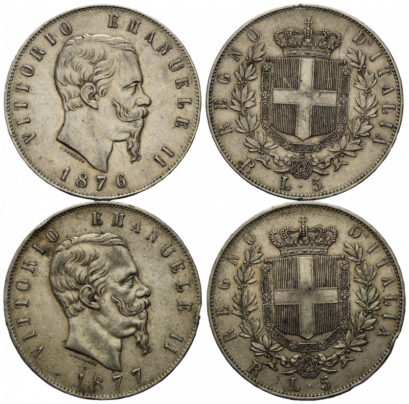 Savoia. Vittorio Emanuele III. Lotto di due monete da 5 lire Ag (1876 R; 1877 R)...