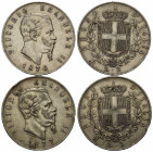 Savoia. Vittorio Emanuele III. Lotto di due monete da 5 lire Ag (1876 R; 1877 R). BB
