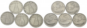 REPUBBLICA ITALIANA. Lotto di cinque monete da 5 lire 1956. MB-BB