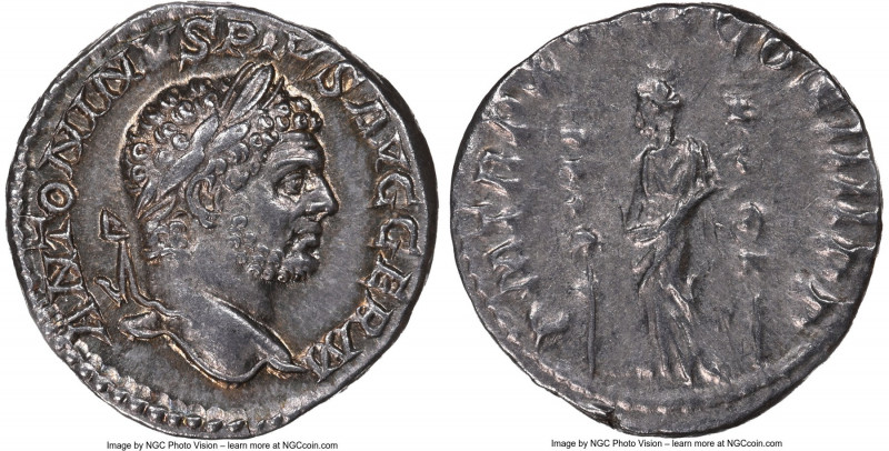 Caracalla (AD 198-217). AR denarius (17mm, 12h). NGC AU. Rome, AD 215. ANTONINVS...