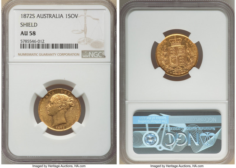 Victoria gold "Shield" Sovereign 1872-S AU58 NGC, Sydney mint, KM6. An alluring ...