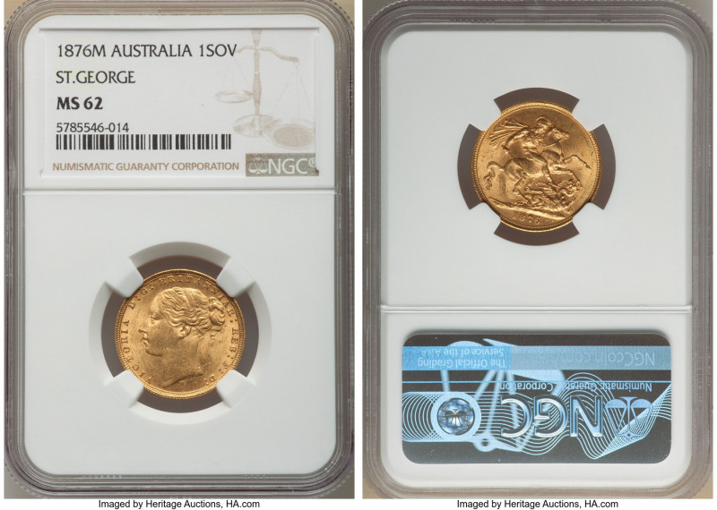 Victoria gold "St. George" Sovereign 1876-M MS62 NGC, Melbourne mint, KM7. Satin...