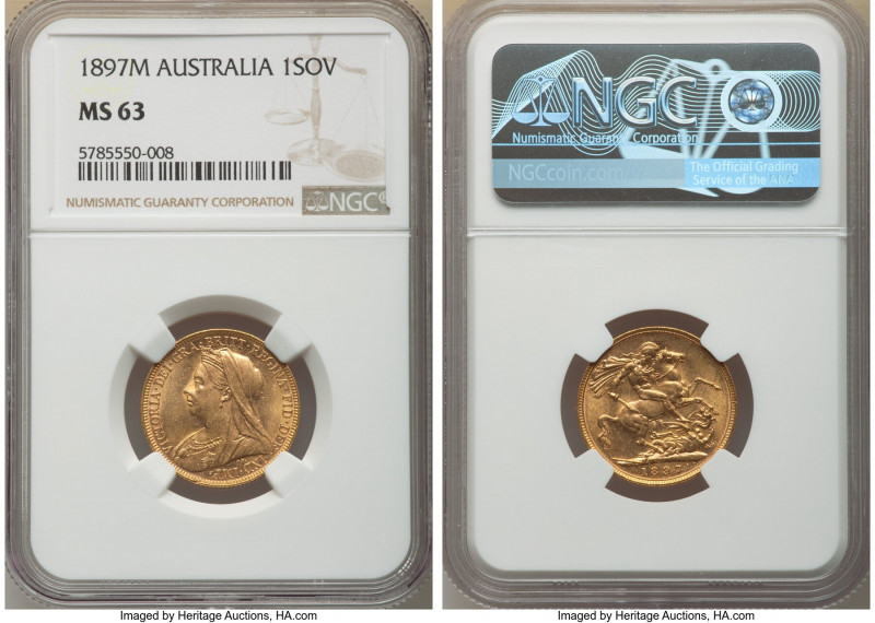 Victoria gold Sovereign 1897-M MS63 NGC, Melbourne mint, KM13. A stunning exampl...