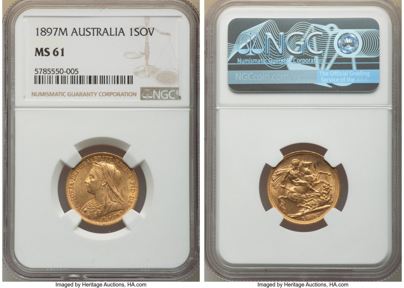 Victoria gold Sovereign 1897-M MS61 NGC, Melbourne mint, KM13. AGW 0.2355 oz. 
...