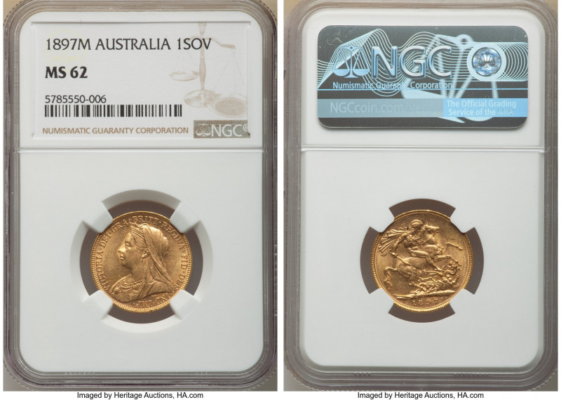 Victoria gold Sovereign 1897-M MS62 NGC, Melbourne mint, KM13. Delightful rollin...