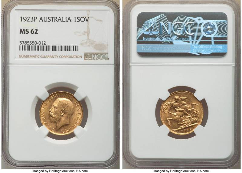 George V gold Sovereign 1923-P MS62 NGC, Perth mint, KM29. AGW 0.2355 oz. 

HI...