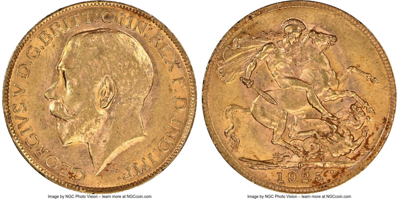 George V gold Sovereign 1925-P MS62 NGC, Perth mint, KM29, S-4001. AGW 0.2355 oz...