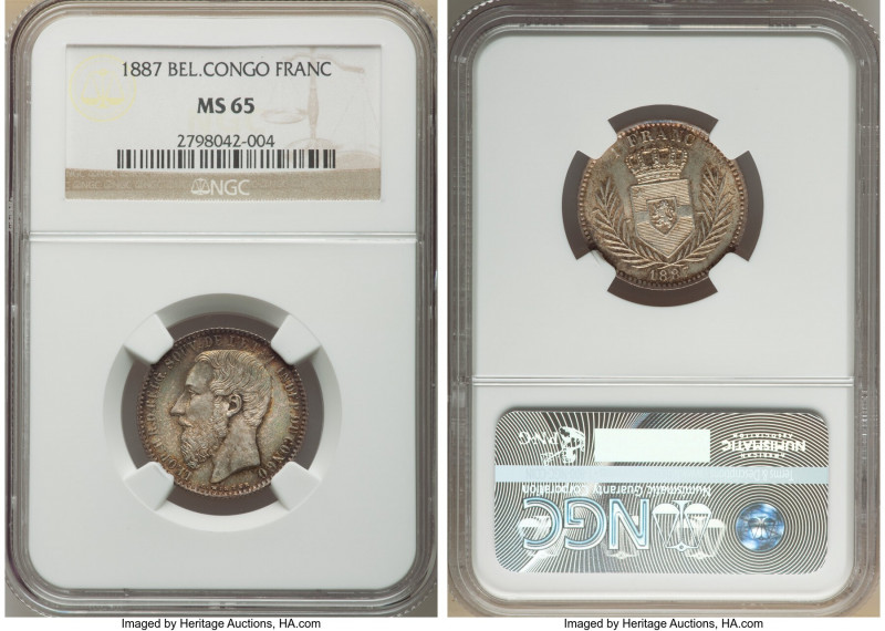 Congo Free State. Leopold II Franc 1887 MS65 NGC, Brussels mint, KM6. Colorful c...