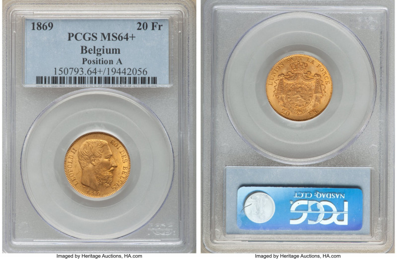 Leopold II gold 20 Francs 1869 MS64+ PCGS, Brussels mint, KM32. Position A. 

...