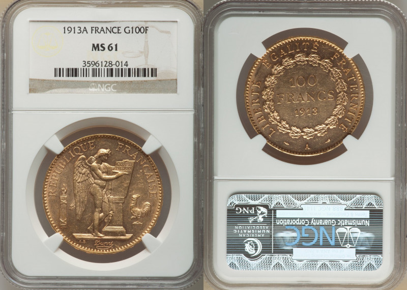 Republic gold 100 Francs 1913-A MS61 NGC, Paris mint, KM858, Fr-590. 

HID0980...