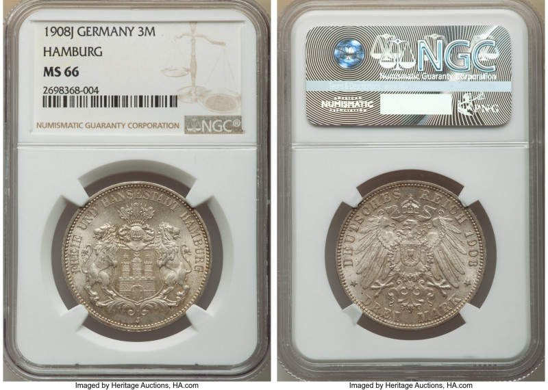 Hamburg. Free City 3 Mark 1908-J MS66 NGC, Hamburg mint, KM620. First year of ty...