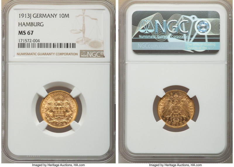 Hamburg. Free City gold 10 Mark 1913-J MS67 NGC, Hamburg mint, KM608. Deep honey...