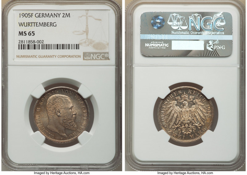 Württemberg. Wilhelm II 2 Mark 1905-F MS65 NGC, Stuttgart mint, KM631, J-174. Pe...