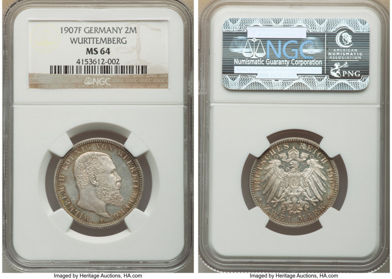 Württemberg. Wilhelm II 2 Mark 1907-F MS64 NGC, Stuttgart mint, KM631. Semi-Proo...