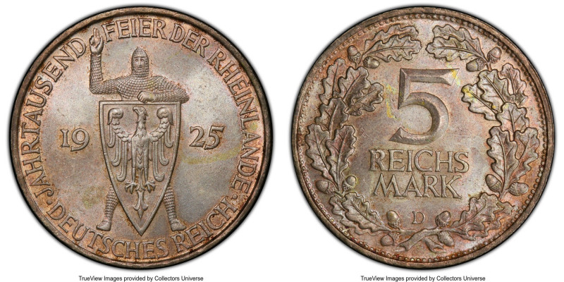 Weimar Republic "Rhineland" 5 Mark 1925-D MS65 PCGS, Munich mint, KM47, J-322. 1...