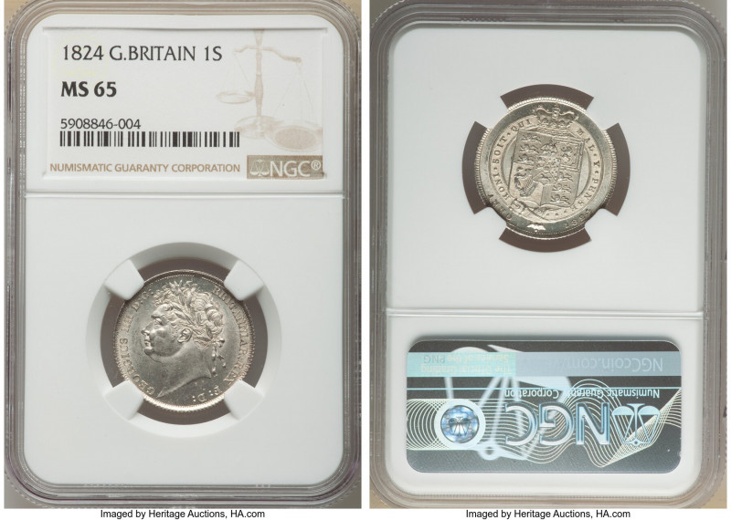 George IV Shilling 1824 MS65 NGC, KM687, S-3811. Untoned white surfaces endowed ...