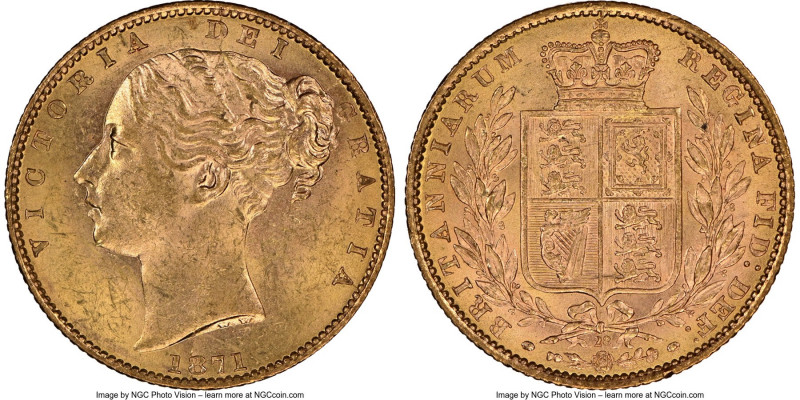 Victoria gold "Shield" Sovereign 1871 MS65 NGC, KM752, S-3856. Die #28. 

HID0...