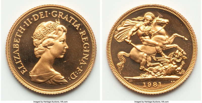 Elizabeth II gold Proof Sovereign 1981, KM919. Comes with brown vinyl mint issue...