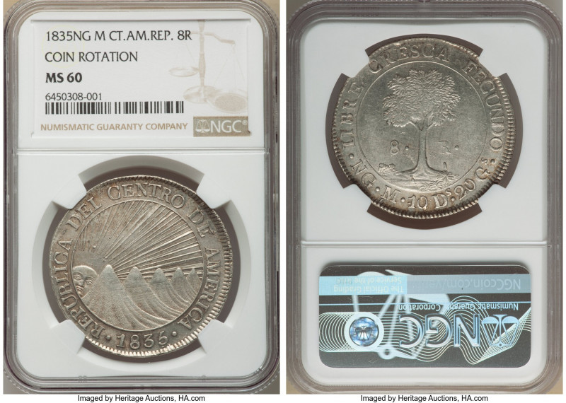 Central American Republic 8 Reales 1835 NG-M MS60 NGC, Nueva Guatemala mint, KM4...