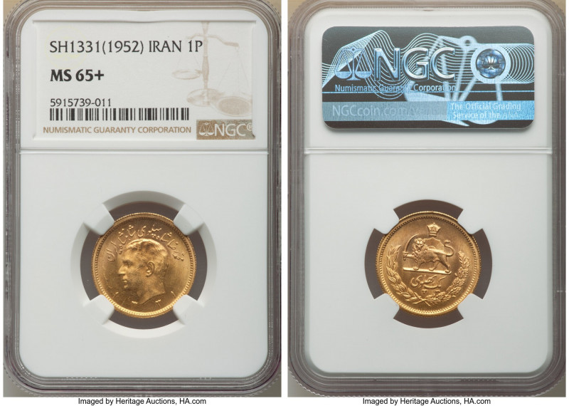 Muhammad Reza Pahlavi gold Pahlavi SH 1331 (1952) MS65+ NGC, KM1162. Rotating lu...