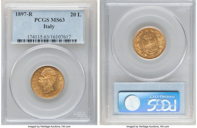 Umberto I gold 20 Lire 1897-R MS63 PCGS, Rome mint, KM21. Shimmering golden surf...