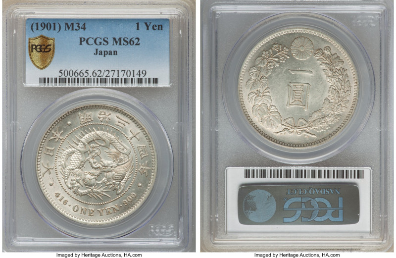 Meiji Yen Year 34 (1901) MS62 PCGS, Osaka mint, KM-YA25.3. Pearl-gray toning wit...