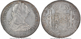 Charles IV 8 Reales 1790 Mo-FM AU55 NGC, Mexico City mint, KM108. "CAROLUS IIII" legend with bust of Charles III. Glimmering luster beneath a cloak of...