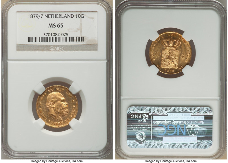 Willem III gold 10 Gulden 1879/7 MS65 NGC, Utrecht mint, KM106. Scarce overdate....