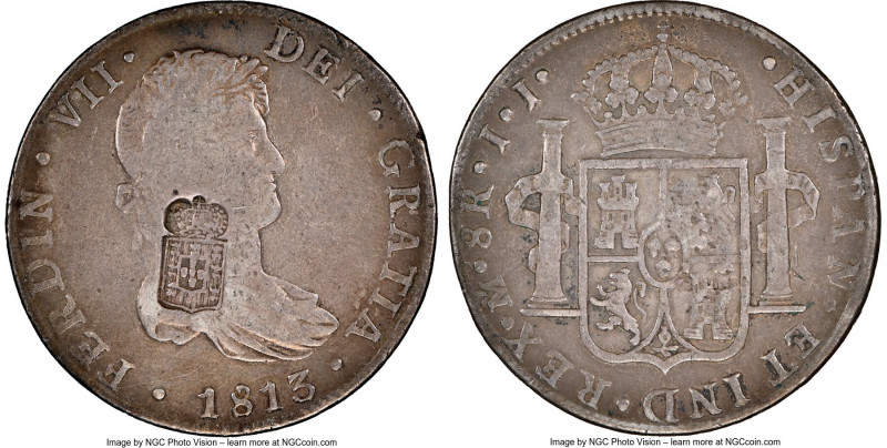 Maria II Counterstamped 870 Reis ND (1834) F12 NGC, KM440.15. Crowned arms of Po...