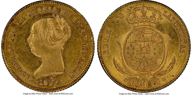 Isabel II gold 100 Reales 1855 MS62 NGC, Barcelona mint, KM596.1. Shimmering lus...