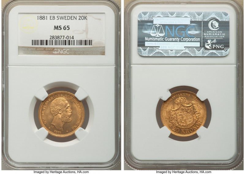 Oscar II gold 20 Kronor 1881-EB MS65 NGC, Stockholm mint, KM748. A sensational s...