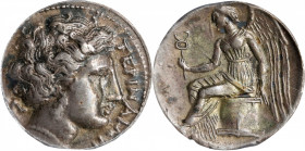 ITALY. Bruttium. Terina. AR Drachm (2.29 gms), ca. 300 B.C. ANACS EF-40.
H&J-107; HN Italy-2641. Obverse: Head of nymph right; triskeles to left; Rev...