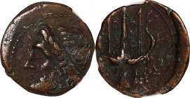 SICILY. Syracuse. Hieron II, 275-215 B.C. AE Litra, 263-218 B.C. NGC Ch VF.
HGC-2, 1550. Obverse: Head of Poseidon left, wearing tainia; Reverse: Orn...