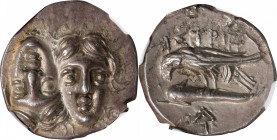 THRACE. The Danubian District. Istros. AR Drachm, ca. 313-280 B.C. NGC Ch EF. Flan Flaws.
HGC-3.2, 1802. Obverse: Facing male heads, the left inverte...