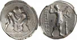 PAMPHYLIA. Aspendos. AR Stater, ca. 330/25-300/250 B.C. NGC VF.
SNG BN-118. Obverse: Two wrestlers grappling, K between; Reverse: Slinger in throwing...