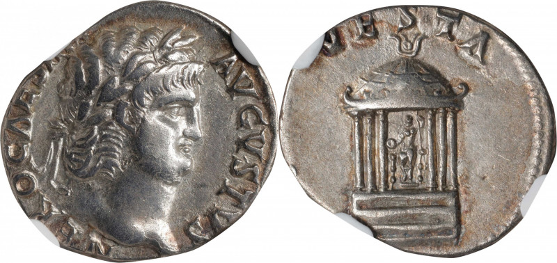 NERO, A.D. 54-68. AR Denarius (3.42 gms), Rome Mint, ca. A.D. 65-66. NGC EF, Str...