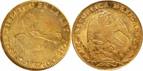 MEXICO. 8 Escudos, 1867-C CE/CB. Culiacan Mint. PCGS AU-55.
Fr-66; KM-383.2. A generally sharply struck and dark golden toned coin, with abundant fro...