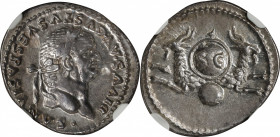 DIVUS VESPASIAN, died A.D. 79. AR Denarius (3.11 gms), Rome Mint, Commemorative issue, struck under Titus, A.D. 80-81. NGC Ch AU, Strike: 5/5 Surface:...