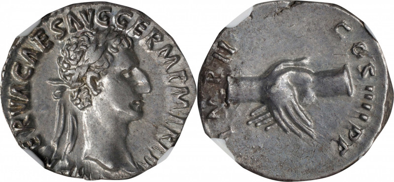 NERVA, A.D. 96-98. AR Denarius (3.55 gms), Rome Mint, A.D. 98. NGC AU, Strike: 5...