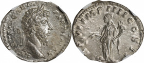 LUCIUS VERUS, A.D. 161-169. AR Denarius (3.49 gms), Rome Mint, A.D. 166. NGC MS, Strike: 4/5 Surface: 4/5.
RIC-561 (Aurelius); RSC-126. Obverse: Laur...