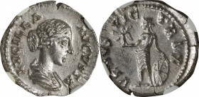 LUCILLA, AUGUSTA A.D. 164-182. AR Denarius (3.57 gms), Rome Mint, A.D. 164. NGC MS, Strike: 5/5 Surface: 4/5.
RIC-786 (Aurelius); RSC-89. Obverse: Dr...
