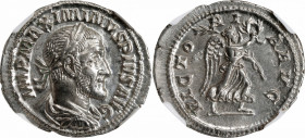 MAXIMINUS I, A.D. 235-238. AR Denarius, Rome Mint, A.D. 236. NGC AU.
RIC-16; RSC-99a. Obverse: Laureate, draped, and cuirassed bust right; Reverse: V...