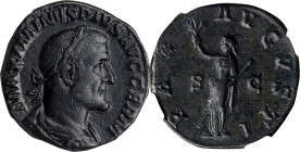 MAXIMINUS I, A.D. 235-238. AE Sestertius (21.43 gms), Rome Mint, A.D. 236-237. NGC EF, Strike: 5/5 Surface: 4/5.
RIC-81. Obverse: Laureate, draped, a...
