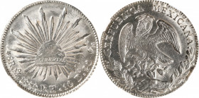 MEXICO. 8 Reales, 1858-Mo FH. Mexico City Mint. NGC MS-62.
KM-377.10; DP-Mo44. Though somewhat softly struck upon the higher points, this wholly arge...