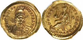 THEODOSIUS II, A.D. 402-450. AV Solidus (4.47 gms), Constantinople Mint, 9th Officina, A.D. 430-440. NGC Ch AU, Strike: 4/5 Surface: 4/5.
RIC-257; De...