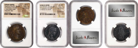 MIXED LOTS. Duo of AE Sestertii (2 Pieces). Both NGC Certified.
1) ANTONIUS PIUS, A.D. 138-161. (24.29 gms), Rome Mint. A.D. 141-143. NGC CH F; Strik...
